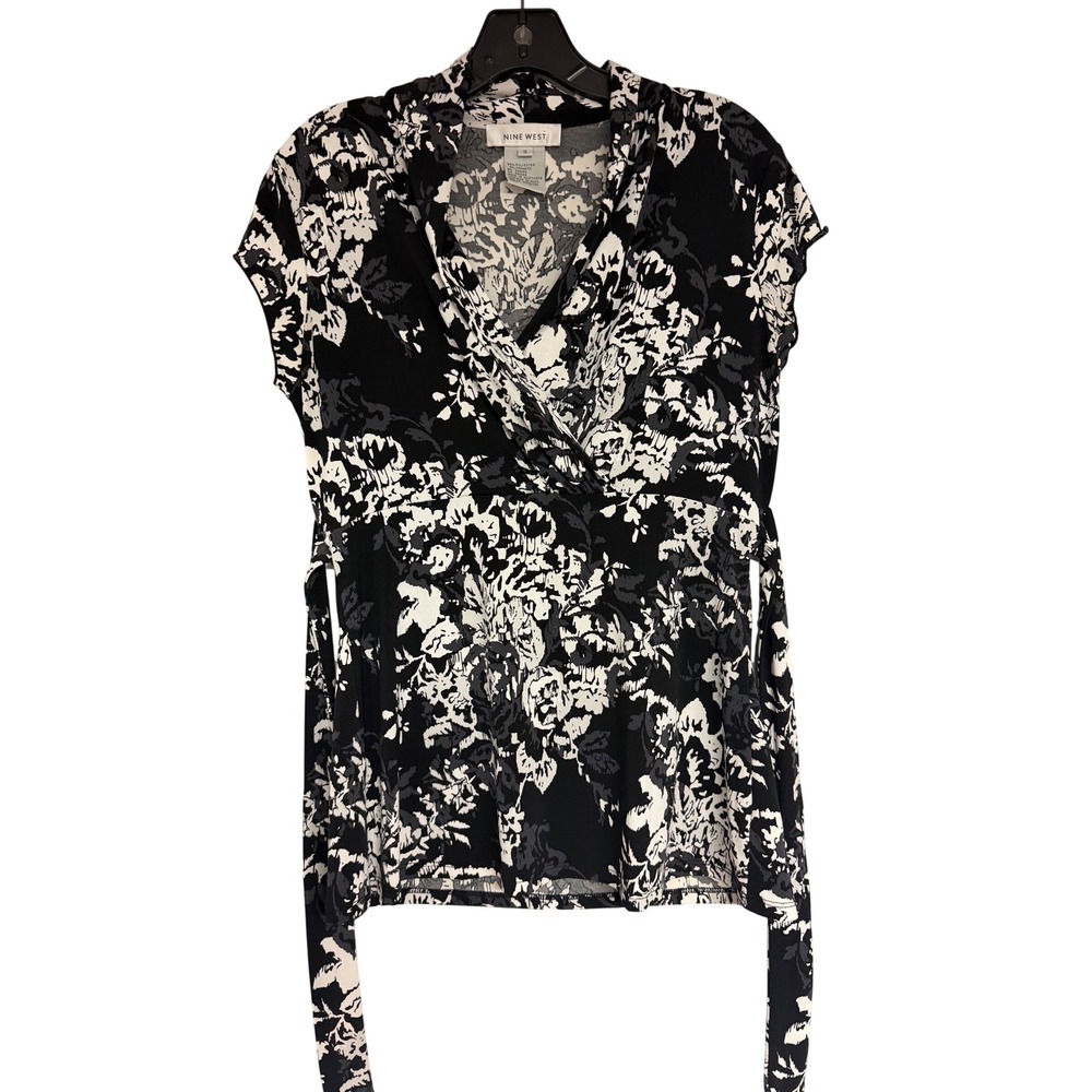 Nine West Womens Black White Floral Wrap Front Surplice Blouse Cap Sleeve Small